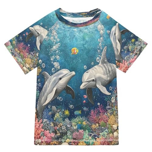 Toddler Boy Rash Guard Short Sleeve Swim Shirt Dolphin Print Rashguard 5-6T Beach Shirts Quick Dry,023