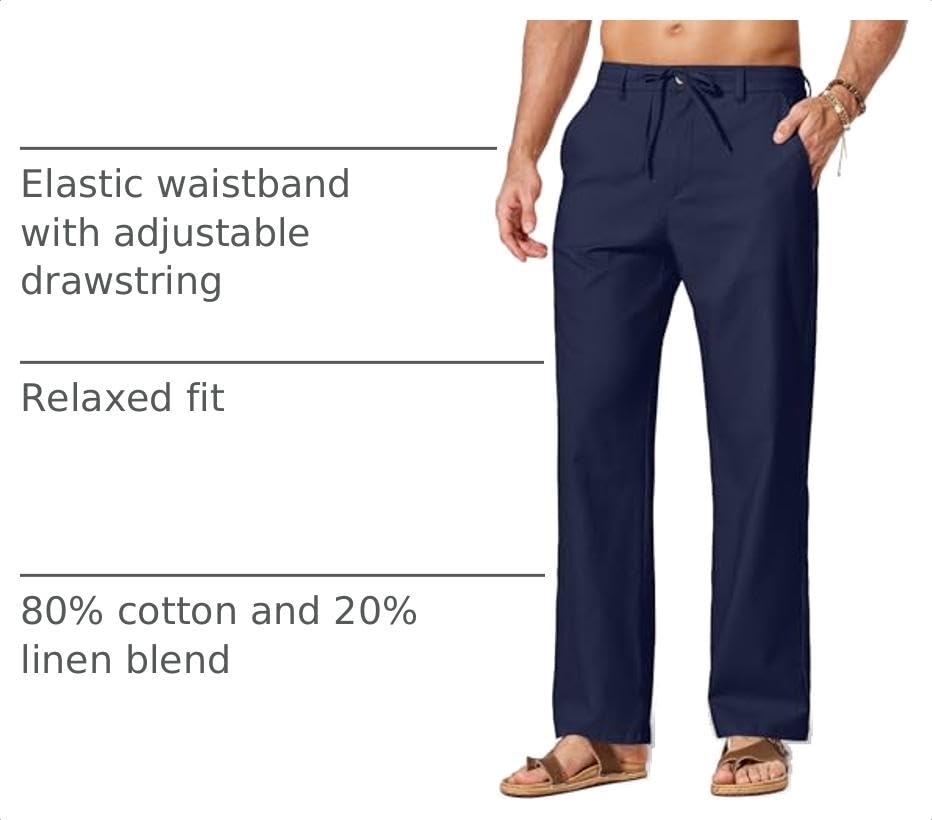 Image of COOFANDY Men's Cotton Linen Pants Casual Drawstring Dress Pants Beach Summer Lightweight Trousers