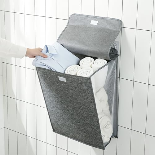 Image of Wall Hanging Laundry Basket Collapsible Laundry Hamper with Handle & Laundry Balls Foldable Space-Saving Dirty Clothes Organizer for Bathroom & Bedroom (Grey, Large)