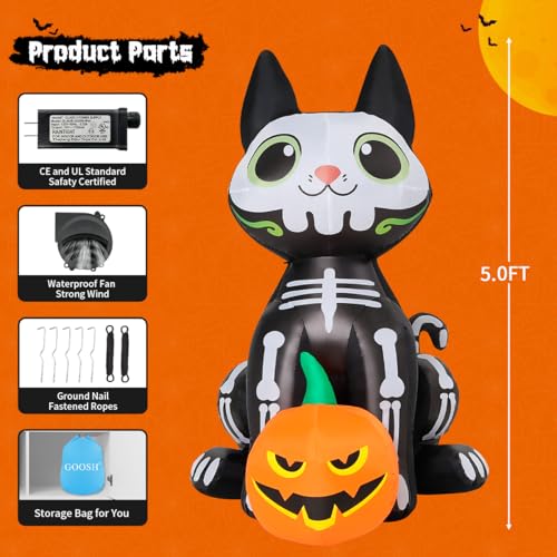 Image of GOOSH 5 FT Halloween Inflatables Skeleton Cat Outdoor Decorations Blow Up Yard Cute Black Cat with Pumpkin Built-in LEDs for Garden Lawn Indoor Party Decor