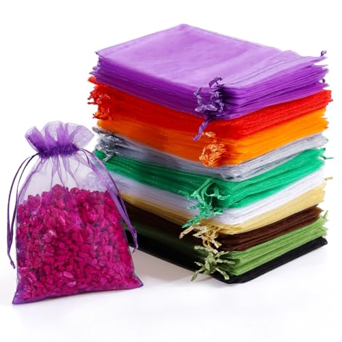 Image of Hopttreely 100PCS Sheer Organza Bags, Mixed Color Wedding Favor Bags with Drawstring, 4x6 inches Jewelry Gift Bags for Party, Jewelry, Festival, Makeup