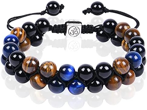 AUAUY Triple Protection Bracelet, Tiger Eye & Obsidian & Hematite Bracelet with Necklace and Evil Eye Bracelet, Adjustable Anxiety Bracelet Mens Healing Crystal Bracelet Bring Luck Prosperity Health