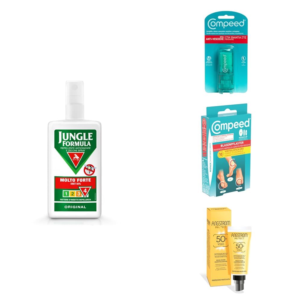 Mountain Essentials – Kit Trekking e Montagna con Crema Solare Viso Angstrom Protect SPF 50+, Antizanzare Jungle Formula Molto Forte, Stick Anti Vesciche Compeed e 10 Cerotti per Vesciche Compeed