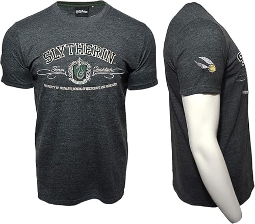 Unisex Slytherin Applique Embroidery House T-Shirt | Official Harry Potter Merchandise | Charcoal Melange Tee XS-XL (UK, Alpha, L, Regular, Regular)