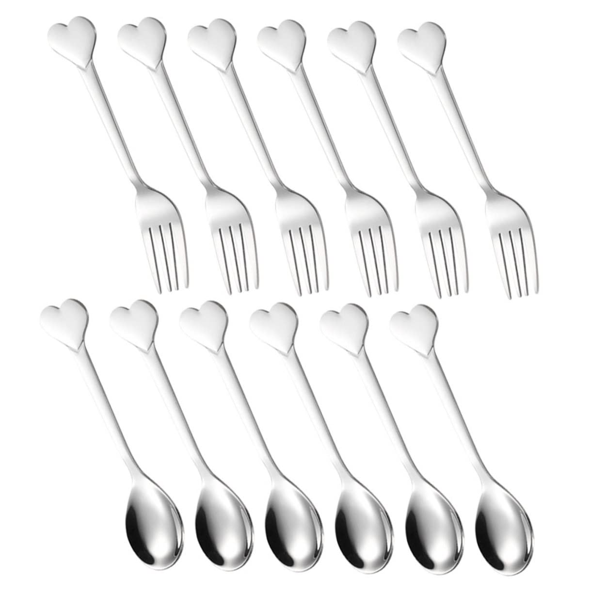 Cabilock 12pc Love Fork Spoon Set Stainless Steel Cutlery Salad Fork Cake Spoon Appetizer Boys and Girls Utensil Home Party Supplies