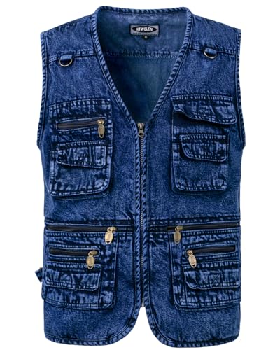 KTWOLEN Chaleco Tela Vaquera Hombre Cazadora Vaquera sin Mangas Chaleco Tejano con Multibolsillos Chaleco de Jeans Chaqueta de Moto, Azul oscuro, XXL