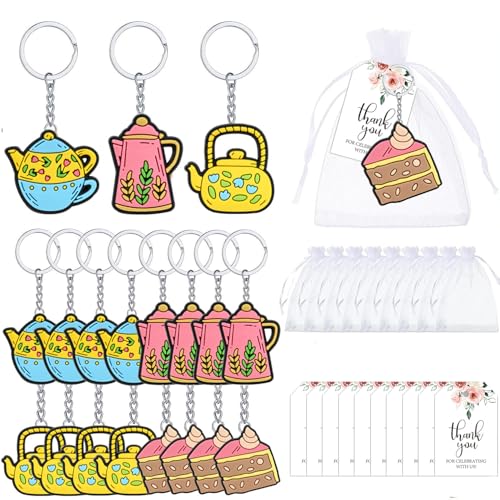 12 Set Wonderland Tea Party Favors Keychain Vintage Teapot Keyring with Organza Bags Thank You Tags and Rope for Guests Floral Tea Time Party Favor Supplies