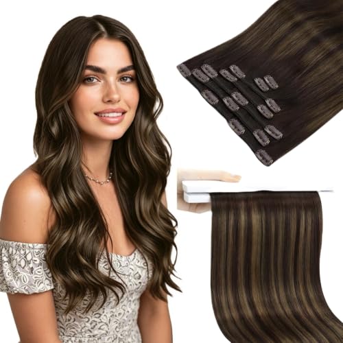 Image of Sunny Hair Clip in Hair Extensions Real Human Hair Balayage 120g | 26 Inch Clip in Remy Human Hair Extensions Dark Brown Balayage Create Rich Natural Hair, Extra Long Hair and Full Coverage