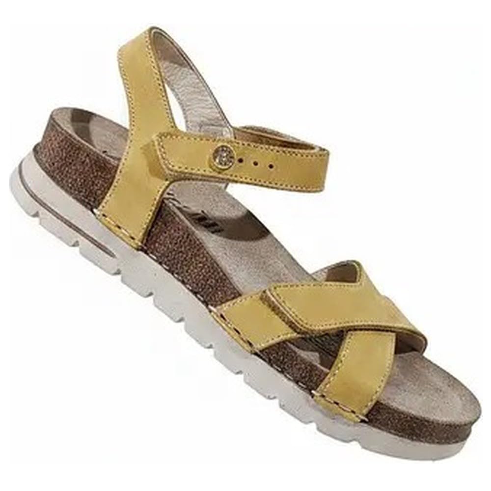 WALK & FLY 8352-50890 PIEL AMARILLO. Sandalia de piel, cuña 3,5 cm, plantilla acolchada y forro, cierre de gancho y bucle ajustable, suela poliuretano ligera y antideslizante.