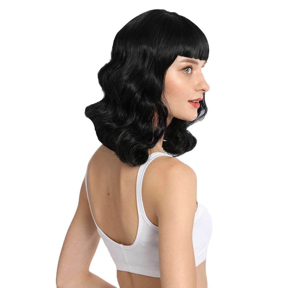 Rockabilly Vintage Wig Audrey Hepbum Short Bang Wig Long Finger Wavy Wigs for Women (Black)