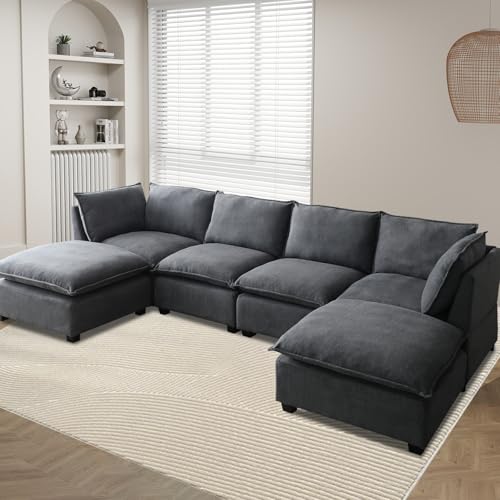Oversized Modern Sectional Sofa, Extra-Deep L-Shape Linen Fabric Cloud Couch Sectional with 5 Pillows, Convertible Ottoman Freely Combinable Sofa for Living Rooms, Apartments, Offices (Grey, 6 Seat) - Thumbnail 3