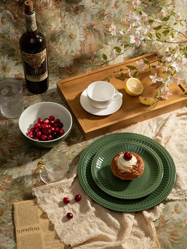 Image of Famiware Garden 24-Piece Embossed Plates and Bowls Sets, Stoneware Reactive Glaze Dishes Dinnerware Set, Modern Rustic, Chip & Scratch Resistant, Microwave & Dishwasher Safe, Service for 8, Dark Green