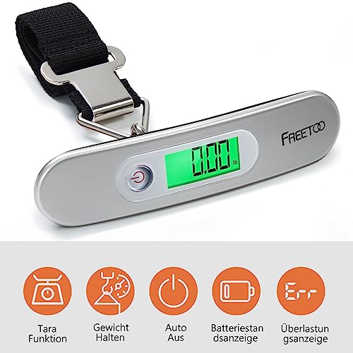 Gepäckwaage FREETOO Digitale Kofferwaage Tragbare Hängewaage LCD-Anzeige mit Hintergrundbeleuchtung Tara-Funktion praktisch für Reisen/Familienleben bis 50KG (Silber) 3