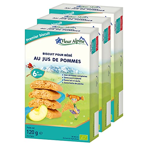 FLEUR ALPINE Biscuits Bébé au Jus de Pomme, 3x120g I Collation Alimentaire Complet pour Tout-Petits à Partir de 6 Mois et Plus I Biscottes à Grignoter au Blé Entier sans Sucre Ajouté I 18x2 Biscuits