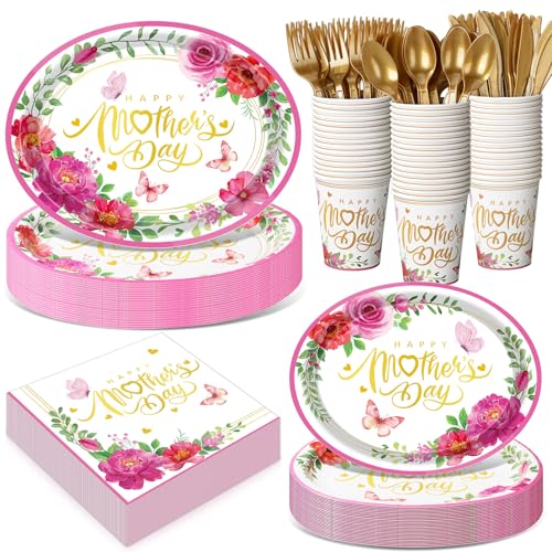 Pajean 350 Pcs Happy Mother's Day Party Decorations with 12 inch Disposable Oval Plates and Napkins Knives Flowers Design Heavy Duty Paper Tableware Set for 50 Guests Mother's Day Party Supplies by Pajean - Used condition - US$15.84