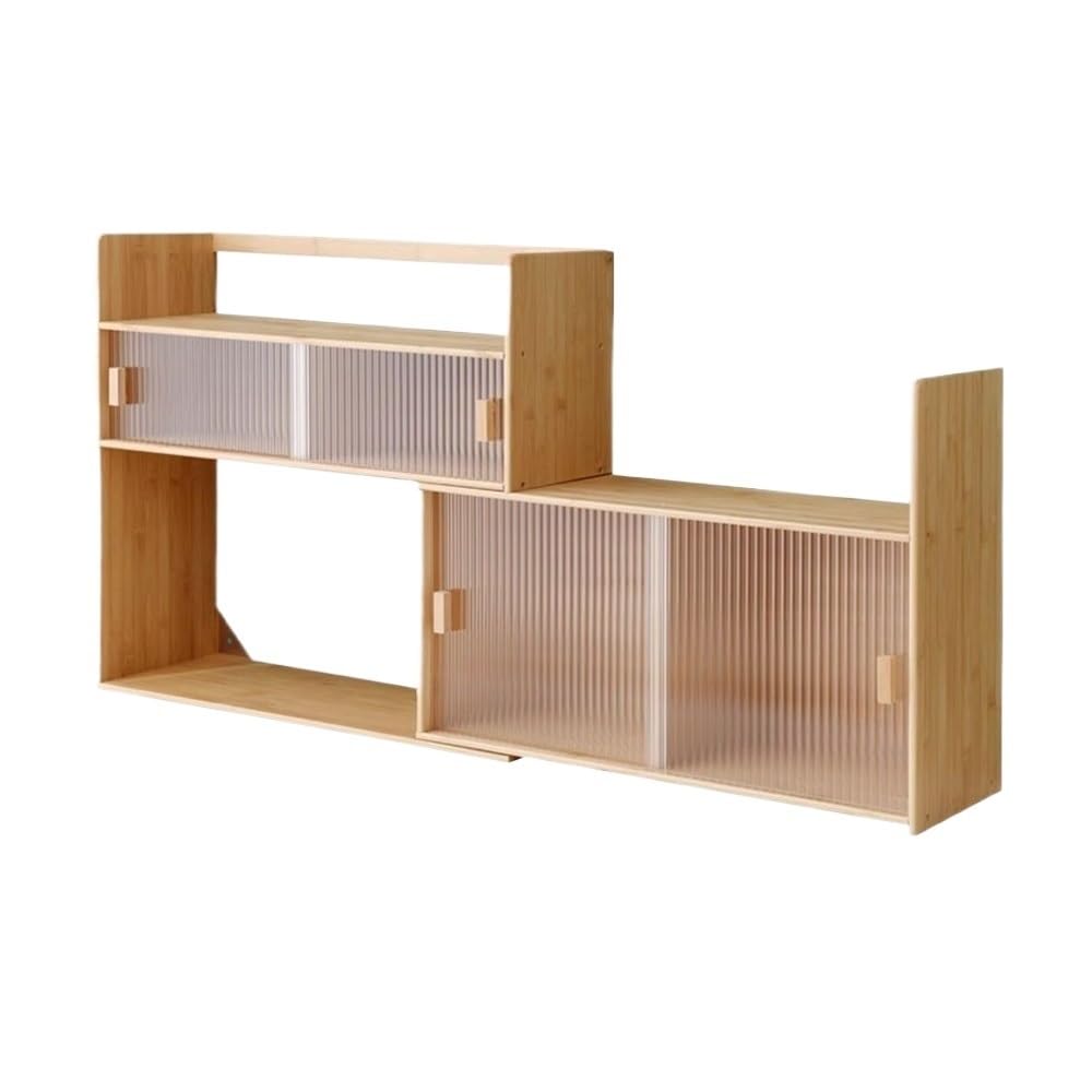 CWCQGH Bookshelf Retractable Desktop Bookshelf, Bamboo Adjustable Display Rack, with Glass Sliding Door Organizer Cabinet, for Living Room Office Study Bookcase