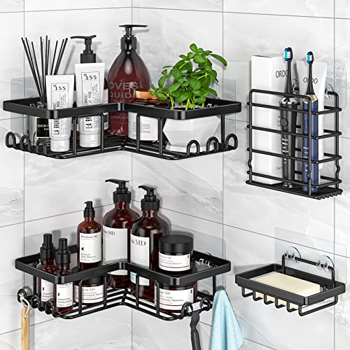 Yasonic Corner Shower Caddy, 4-Pack Adhesive Shower Caddy With Soap Holder And 12 Hooks, Rustproof Stainless Steel Bathroom Shower Organizer, No Drilling Wall Mounted Shower Rack, For Bathroom, Black #TOP10