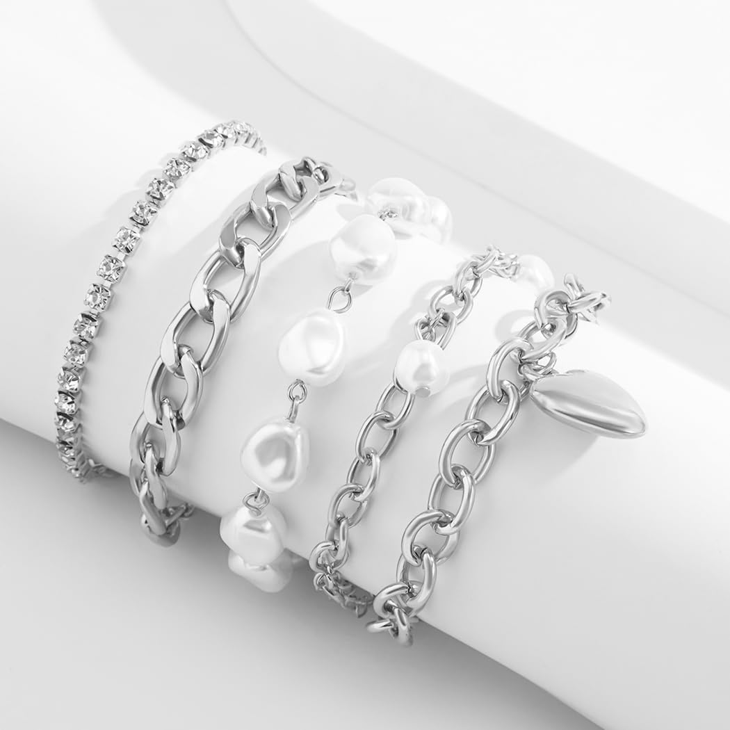 Fashion Layered Gold Pearls Bracelets Set for Women Chunky Cuban Link Chain Bangles Boho Adjustable Rhinestone Heart Bracelets Jewelry Gift - Image 6