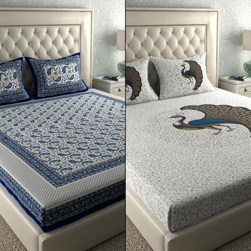 Image of LA VERNE Combo Pack of 2 Double Bedsheet with 4 Pillow Covers | Cotton Double Flat 104 TC Jaipuri Prints Bedsheet Size 240 X 220 CM (Multicolor)