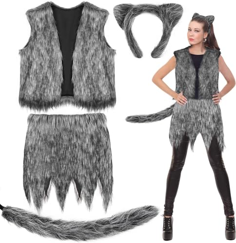 Matiniy Halloween Werewolf Costume Include Wolf Ear Headband Fur Vest Tail and Dress for Women Cosplay Party Dress up Supplies
