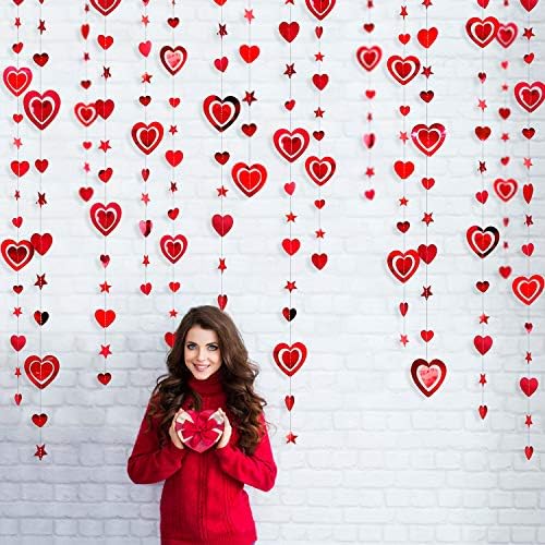 40 Ft Valentine's Day 3D Red Heart Star Garlands Double Sided Metallic Paper Hanging Streamer Banner for Anniversary Engagement Wedding Bridal Shower Bachelorette Birthday Party Decorations (4 Packs)