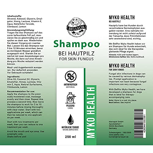 Bellfor Myko-Health Hundeshampoo – 250 ml – Natürliches Shampoo bei Hautpilz, Juckreiz & Schuppen – Sanfte & Effektive Pflege mit Beruhigenden Inhaltsstoffen