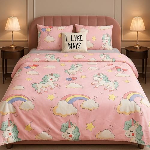 Image of Famyo King Size Bedsheet Set with 2 Pillow Covers, 250 TC Fitted Bedsheet & Comforter Cover (4pc Set) - Home Decor, 72x78 inches King Size Children Bedding, Cute Pink Unicorn & Rainbow Design | 4-Piece Set, 250 TC Fitted Bedsheet, 2 Pillow Covers, 72 x 78 in, Pink Unicorn & Rainbow Design, Soft Kids Bedding