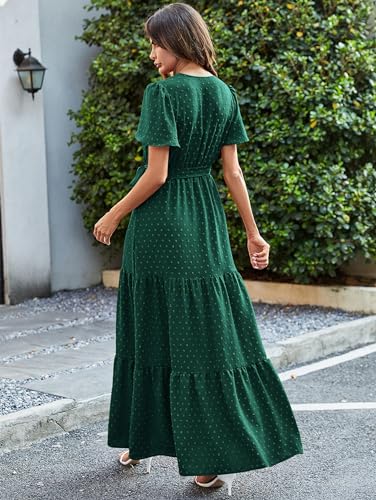 Image of MASCOMODA Women Boho Swiss Dot Maxi Dresses Wrap V Neck Flutter Short Sleeve Solid Tie Waist A Line Tiered Flowy Long Dresses