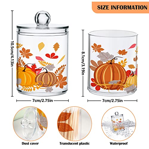 Autumn Leaves Pumpkins Qtip Dispenser Apothecary Jars Fall Thanksgiving Red Orange Bathroom Qtip Holder Storage Canister Plastic Jar 10 Oz for Cotton Ball Swab Round Pads Floss 2pcs