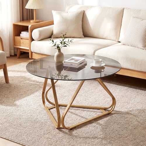 COSTWAY Table Basse Ronde 80 cm en Verre Trempé, Table de Salon Transparente, Base Métallique Stable, Design Croisé, 6 Patins Réglables, Table d’Appoint...