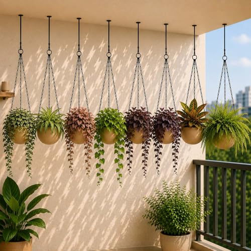 Image of Go Hooked Henri Hanging Planter Pot for Indoor & Outdoor Plants Pack of 8 | 7 Inch Plastic Hanging Pots with Metal Chain | Decorative Round Hanging Planter for Balcony, Garden & Home Decor (Sandstone)