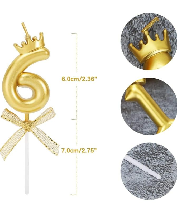 Image of Number 6 Unscented Candle with Crown for Birthday, Wedding, Engagement, Valentines Day Celebration, Theme Party, Bridal Shower Cake Topper for Decoration, 1 pc, Gold