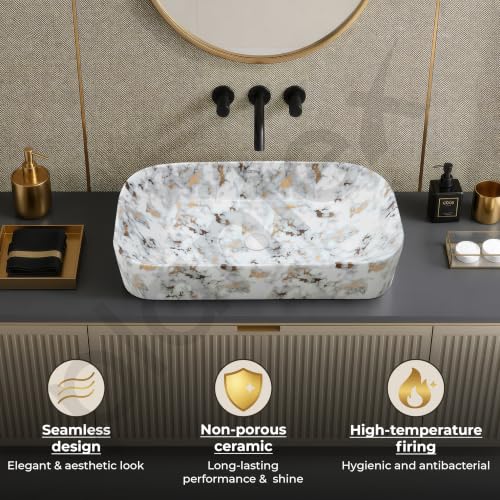 Image of Plantex Tabletop Wash Basin /Bathroom Sink /Wash Basin Over Counter /Designer Ceramic Wash Basin for Bathroom (Marble Finish - 22 x 14 x 5 Inch)