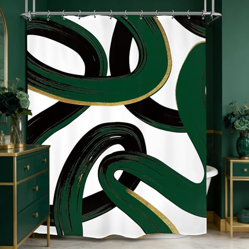 Kalmico Abstract Emerald Green Black Green Shower Curtain 60Wx72L Inch Modern Minimalist Contemporary Geometric Line Neutral Simple Bathroom Set Accessories Decor with 12 Pack Hooks by Kalmico - Used condition - US$13.61