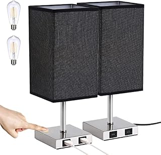 Glighone 2PCS Touch Bedside Lamp with 2 USB Charging Ports Table Lamp Dimmable Nightstand Lamp Black Square Fabric Shade & Silver Wood Base Bedroom Lamp for Living Room,Study Room(2 Bulbs Included)