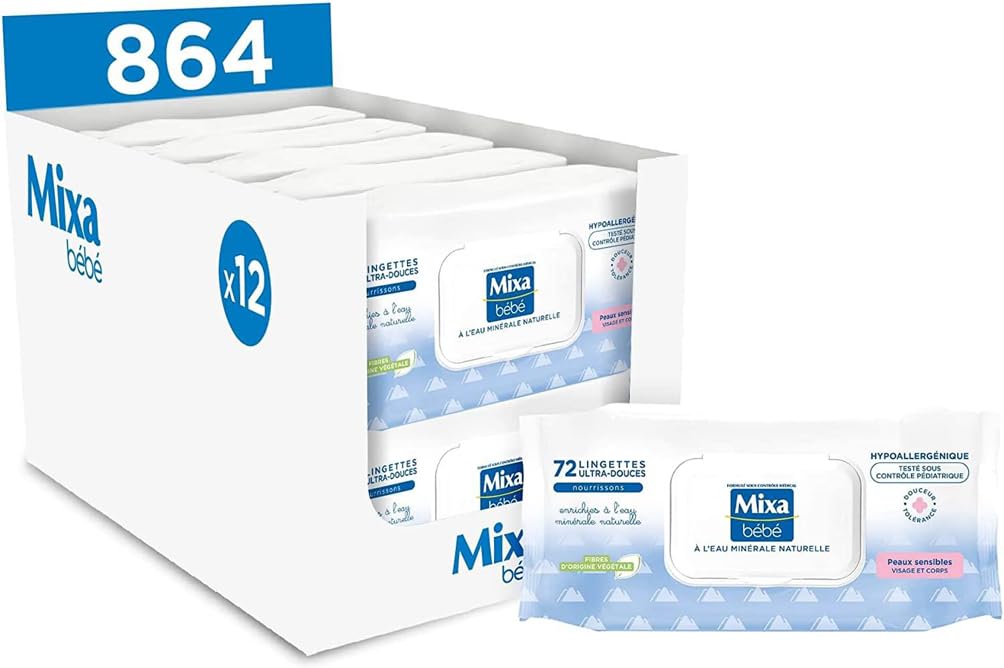 Mixa Bébé Lingettes à l'Eau Minérale Naturelle - Fibres Végétales - Hypoallergénique - Lot de 12 x 72