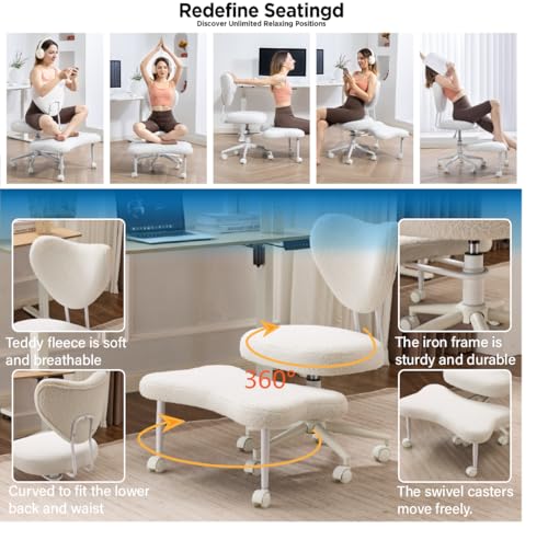 Image of Ergonomic Cross Legged Office Chair with Wheels, ADHD Chair for Adults, Meditation Chair, Yoga Office Chair, Comfortable Back Support, Height Adjustable,Small Spaces,Teddy Fleece-Beige