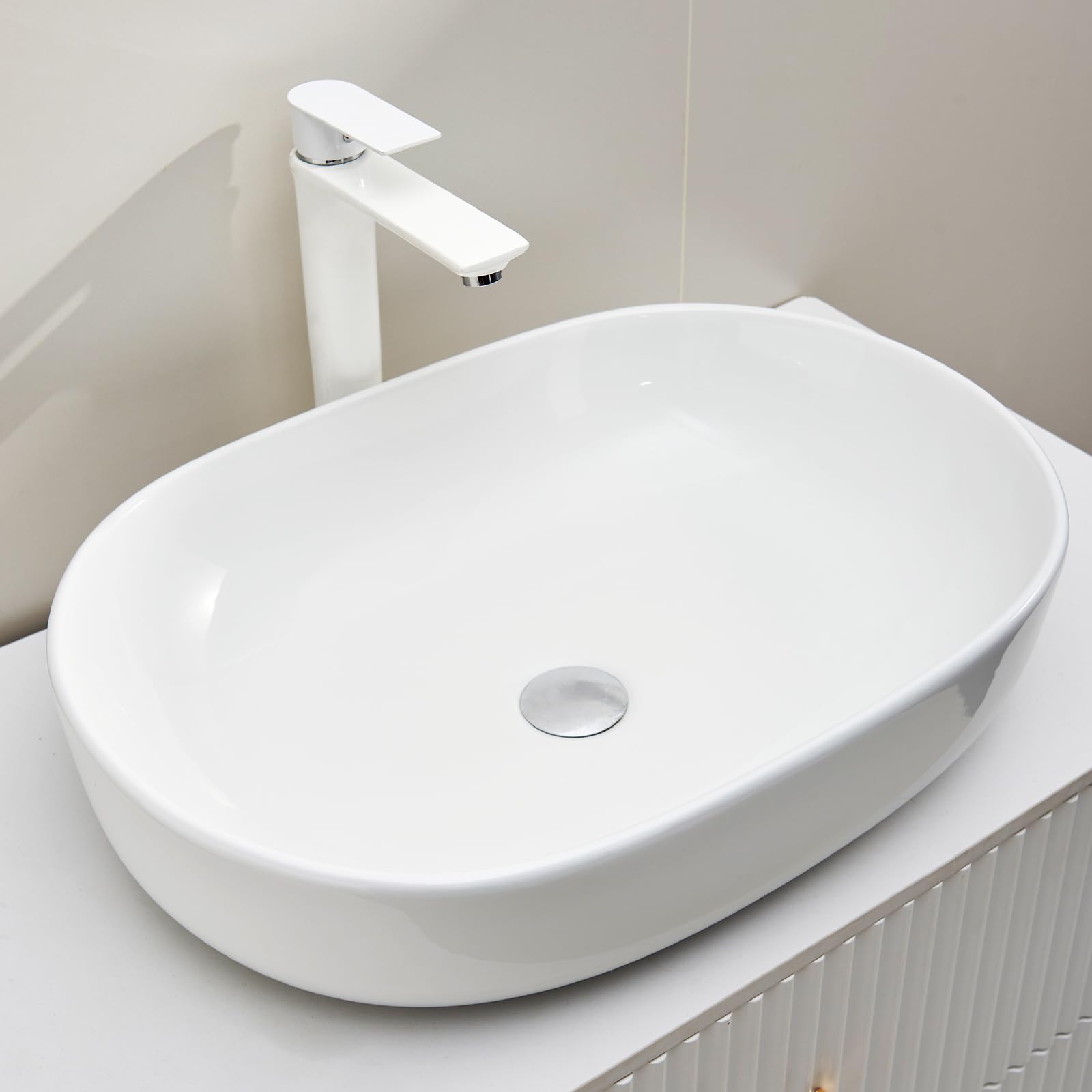Lavabo ovale en céramique sanitaire de qualité supérieure - 60 x 40 x 15 cm - Lavabo à poser, pour salle de bain et WC d'invités - Sans trou de robinetterie et trop-plein - Blanc - 60 x 40