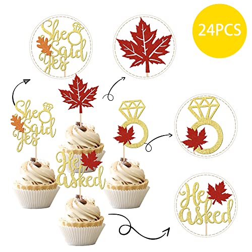 24 Pcs He Asked She Said Yes Cupcake Toppers Glitter Maple Leaves Diamond Ring Bridal Shower Cupcake Picks For Wedding Engagement Fall Harvest Thanksgiving Party Cake Decorations Supplies #TOP1