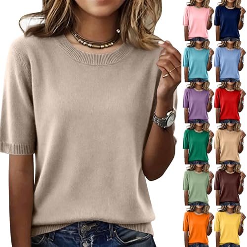 Elbow Length Tops for Women Fitted Knit Crewneck Funny Tshirts Shirts Spring Ethnic Workout Athletic Plus Size Blouses Plain Basic Trendy Fashion Clothing Summer Shirts for Women 2026, Khaki, 2XL