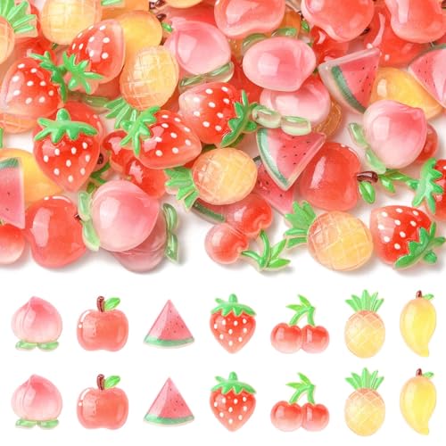 Stiesy 70 cabujones de resina de frutas con purpurina, 7 estilos de piña, cereza, mango, fresa, manzana, melocotón, sandía, formas de limo, cuentas para hacer joyas, adornos de álbumes de recortes
