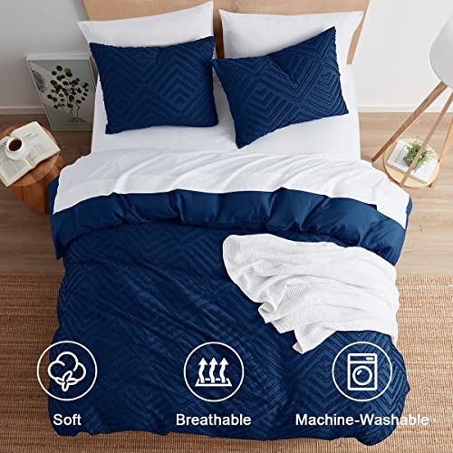 Image of Nestl Boho Duvet Cover Queen - Boho Bedding Sets & Collections, Textured Queen Duvet Cover Set, 3 Piece Tufted Navy Duvet Cover w /Zipper Closure, 1 Queen Size Duvet Cover 90x90 Inch & 2 Pillow Shams