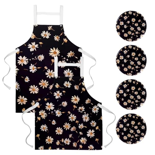 Tablier de cuisine en lin noir et blanc lot de 2 tabliers réglables à poches marguerites