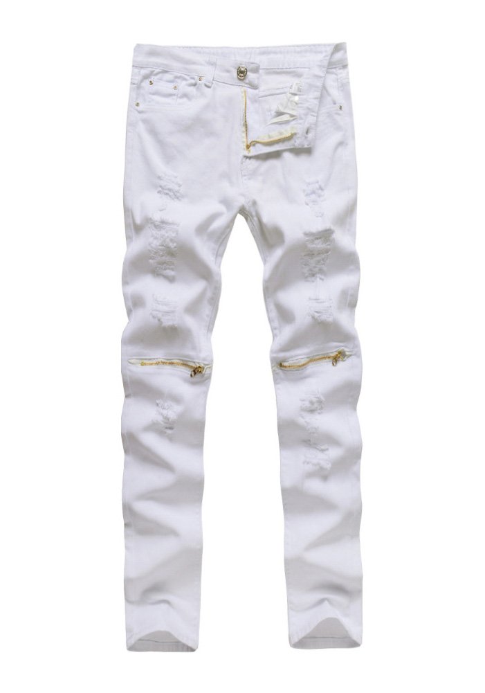 Laozan Men's Weiãÿ Ripped Skinny Distressed Destroyed Straight Fit Zipper Jeans With Holes White