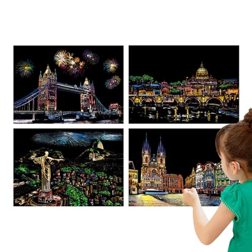 Pintura de scratch para adultos, scratch -off art para adultos | Papel de rascar para niños, pintura de arañazos para adultos para adultos, 4 vistas nocturnas de artesanía esculpida scratch h chu boar