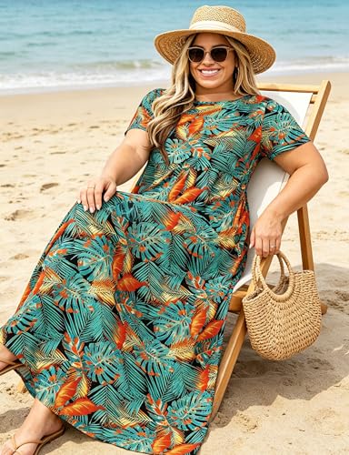 Image of Kancystore Women's Plus Size Maxi Dress with Pockets Summer Dresses XL-5X | Plus Size High Waisted Long Length Beach Dress, Empire Waist Round Neck Casual Dress, Solid Striped Floral Tie Dye Colors