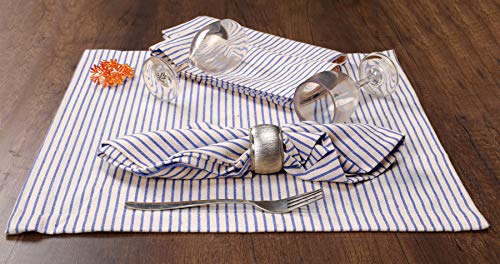 Native Fab Set of 12 Farmhouse Stripe Cloth Dinner Napkins Cotton 18x18 Absorbent Soft Restaurant Hotel Quality, Everyday Use Easy Care Washable Wedding Dinner Napkins Blue Beige