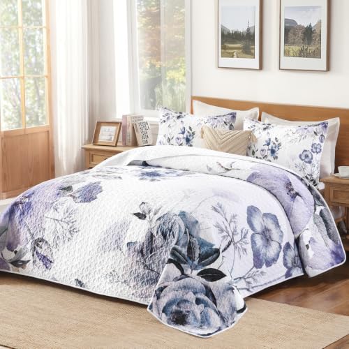 Image of Andency Floral Boho Quilt King Size Bedding Set Purple White, 3 Pieces Farmhouse Flower Botanical Summer Bedspreads with 2 Shams, Soft Reversible Lightweight Polyester Coverlet All Season, 106 inchx96 inch