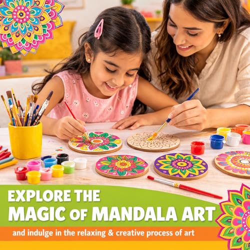 Image of Asian Hobby Crafts DIY Mandala Art Coaster Painting Kit - 6 Pre-Marked Coasters, Paint and Brush Set | Art and Craft Set for Kids & Adults (4-12 Years) Coloring Kit for Birthday Return Gift, Home & Office Activity