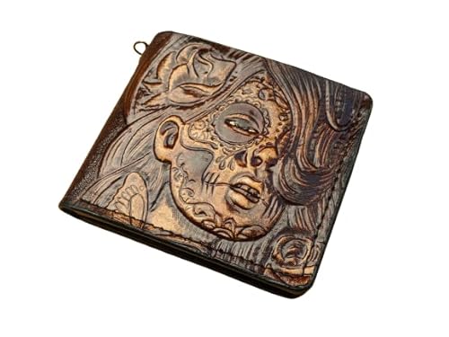Men's 3D Genuine Leather Wallet, Handmade wallet, Carved wallet, Tooled wallet, Airbrush Art, Bifold wallet, Custom wallet, Personalized wallet, Mexican Day Of The Dead Sugar Skull